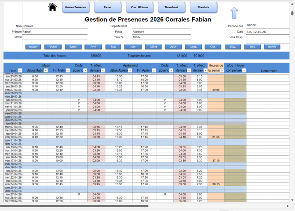 Modèle Excel de fichier de gestion de présence
